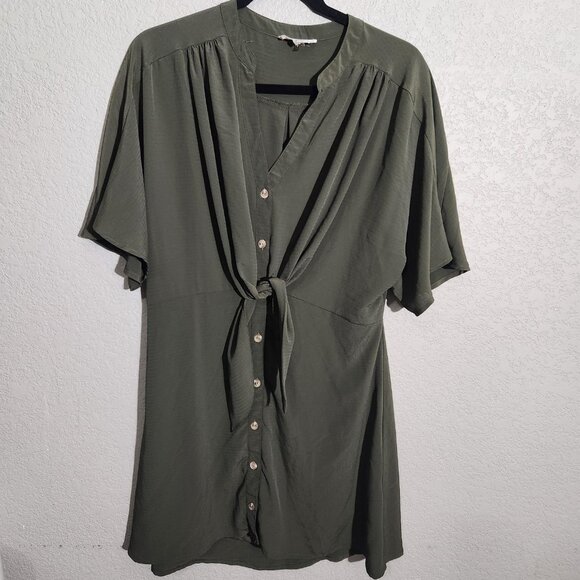 Entro Dress Womens Medium Olive Green Button Down Tie Waist Short Sleeve Lined - Picture 1 of 12